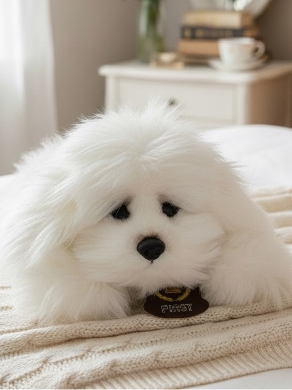 Vintage First Corp Leather Tags Japan White Dog Plush Toy EUC